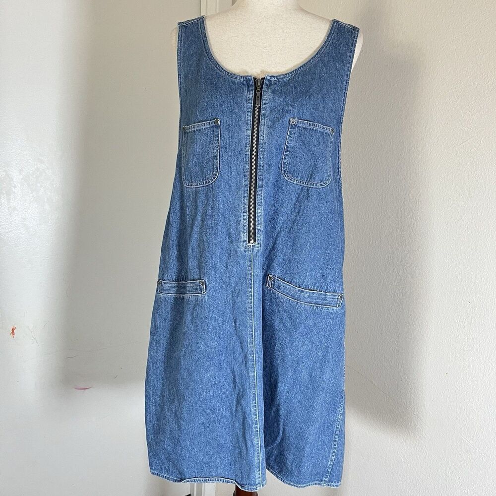 VTG Y2k NY Jeans Blue Scoop Neck Sleeveless Front Pocket Half Zip Denim Dress XL